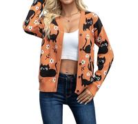 tiorhooe Halloween Cardigan Women Cat Fall V Neck Jumper Fall Knit Sweater | Lightweight Ribbed, Button Front, Open Front, Cozy Warm, Soft, Durable, Easy Care, Machine Washable, Versatile, Classic, Chic