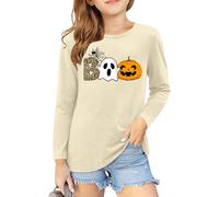 tiorhooe Halloween Long Sleeve Top Kids Boo Pumpkin Tshirt Girls Boys 5-14Y