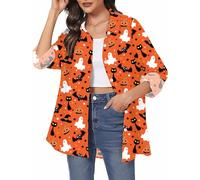 tiorhooe Halloween Tops for Women Pumpkin Ghost Long Sleeve Shirt Ladies Halloween Button Down Top