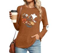 tiorhooe Halloween Tops for Women Smiling Pumpkin Long Sleeve Tshirt Cute Ghost Spider T-Shirt