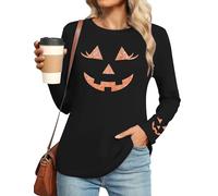 tiorhooe Halloween Tops for Women Smiling Pumpkin Long Sleeve Tshirt Cute Ghost Spider T-Shirt