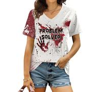 tiorhooe Halloween Tshirts Women Problem Solved V Neck T Shirt Ladies Happy Halloween Costume