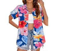 tiorhooe Hawaiian Shirts for Women Tropical Tree Short Sleeve Holiday Shirt | Aloha Floral Print, Soft Breathable, Button-Down, Relaxed Fit, Lightweight, Easy Care, Machine Washable, Fade-Resistant