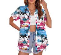 tiorhooe Hawaiian Shirts for Women Tropical Tree Short Sleeve Holiday Shirt | Aloha Floral Print, Soft Breathable, Button-Down, Relaxed Fit, Lightweight, Easy Care, Machine Washable, Fade-Resistant