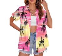 tiorhooe Hawaiian Shirts for Women Tropical Tree Short Sleeve Holiday Shirt | Aloha Floral Print, Soft Breathable, Button-Down, Relaxed Fit, Lightweight, Easy Care, Machine Washable, Fade-Resistant