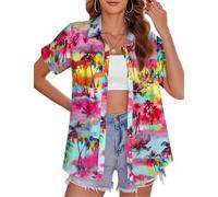 tiorhooe Hawaiian Shirts for Women Tropical Tree Short Sleeve Holiday Shirt | Aloha Floral Print, Soft Breathable, Button-Down, Relaxed Fit, Lightweight, Easy Care, Machine Washable, Fade-Resistant