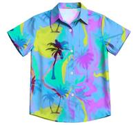 tiorhooe Kids Hawaiian Shirt Boy's Summer Beach Button-Down T-Shirt 5-14 Y | Vibrant Tropical Floral Palm Prints, Classic Collar, Lightweight Breathable, Comfy Relaxed Fit, Easy Care, Versatile Vacation