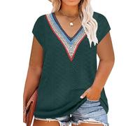 tiorhooe Large Size T-Shirts Women's V-Neck Plus Size Fashion Knitted Top Summer Oversize Women T-Shirts, dark green, 3XL