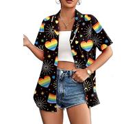 tiorhooe Pride Shirt Women Heart Rainbow Graphic T Shirt Causal Hawaiian Pride Button Down Tops