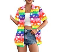 tiorhooe Pride Shirt Women Heart Rainbow Graphic T Shirt Causal Hawaiian Pride Button Down Tops