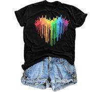 tiorhooe Pride Shirts for Women LGBT Pride Flag Heart T Shirt Gay Pride Month Short Sleeve Top Black