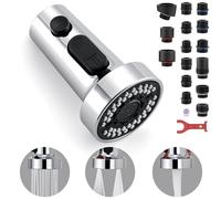 TIORIY Kitchen Faucet Head Replacement with 15 Adapters, 3 Function Pull Down Kitchen Faucet Spray Head, Pull Out Kitchen Sink Tap Sprayer Nozzle, Chrome, Plastic
