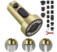 TIORIY Kitchen Faucet Head with 15 Adapters, High Pressure, 3 Functions, Retractable Kitchen Spray Head, Retractable Kitchen Sink Spray Nozzle, Brushed Gold, Abs