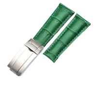 TIOYW 20mm Calf Watch Bands Strap For Rolex Datejust Day Date Genuine Cowhide Leather Straps Watch Bracelet For Daytona Folding Clasp(Green Silver)