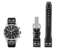TIOYW 21mm 22mm Genuine Leather Watch Band For IWC Big Pilot Flamethrower Little Prince Mark Strap Willow Nail Bracelet(Black silver buckle,20mm)