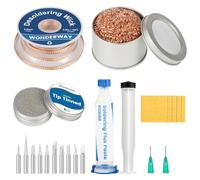 Tip Cleaning Kit, Solder Wick, Solder Iron Tip, Brass Cleaning Wire,Soldering Tip Cleaner, Cleaning Sponge & Solder Flux, Supplied By Wonderway (SWK-001)