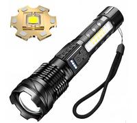 Tip: LED torch with zoom, extremely bright, effective light range 200 m+, side white COB light, red/blue strobe, wrist strap, belt clip and USB-C rechargeable battery