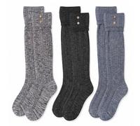 Tipi Toe Women's 3-Pairs Winter Warm Knee High/Over The Knee With Buttons Cotton-Blend Boot Socks, Dark Charcoal, grey, Denim, 9-11