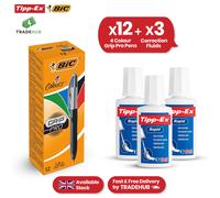 Tipp-Ex Correction Fluid Pack of 3 & BIC 4 Colours Grip Pro Pens Pack of 12