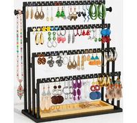 TIPSYTREE Earring Holder Organizer, 4-Tier Step Jewelry Display Stand with Metal Frame and Wooden Storage Box, Large Earring Holder for Studs, Hoops, and Dangles, Modern Jewelry Organizer for Women