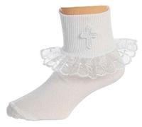 TipTop Girls White Baptism First Communion or Christening Socks with Cross and Ruffle, White, 3-5