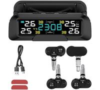 Tire Pressure Monitoring System Wireless TPMS With LCD Display, Solar And USB Charging, Four Tire Pressure And Temperature Sensors For Cars And Trucks(Built-in)