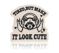 Tired But Make It Look Cute Patch, Raccoon with Headphones Embroidered Iron On and Sew On Patch, 2.4"x2.4" for Backpack, Hoodie, Hat, Vest, Jacket or Jeans, Funny and Relatable Beige Badge Gift