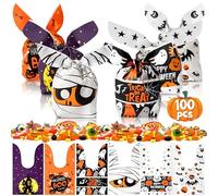 TirEurt 100pcs Halloween Sweet Candy Bag, Halloween Trick or Treat Goodie Bag, Rabbit Ear Gift Bags Halloween Party Bag Sweets Biscuit Chocolate Wrapping Supplies for Kids Halloween Party (Zombie)
