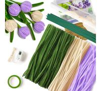 TirEurt 200pcs Tulip Pipe Cleaner Set, DIY Chenille Stems Tulip Bouquet Kit with String Light Florist Wire Tape Glue Stick Ribbon Wrapping Paper Fake Bouquet Artificial Flower for Wedding (Violet)