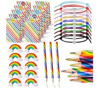 TirEurt 41pcs Rainbow Stationery Set Includes Four Colour Pencils Rainbow Mini Erasers Friendship Bracelets Gift Bags Sealing Stickers Back to School Gift Supplies for Kids Classmate Student Teacher