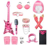 TirEurt Rock Star Fancy Dress - 12pcs Kids Punk Gothic Rocker Costume, Halloween 80s Disco Music Party, Included Inflatable Guitar and Microphone Glasses, Rockstar Outfit for Adult, Girls Pink