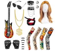 TirEurt Rock Star Fancy Dress - Kids Punk Gothic Rocker Costume, Halloween 80s Disco Music Party, Included Inflatable Guitar, Black Sunglasses, Necklace, Rockstar Outfit for Adult, Boys Black