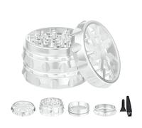 TIRIRS 2.5" 4 Pieces Clear Top Herb Grinder - Aluminium Spice Grinder with Pollen Scraper and Cleaning Brush - Silver.