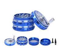 TIRIRS 2.5" 4 Pieces Hand Cranked Clear Top Herb Grinder - Aluminium Spice Grinder with Pollen Scraper and Cleaning Brush, Foldable Handle - Blue and Silver