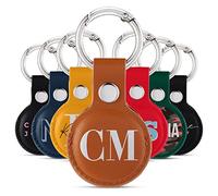 Tirita Personalised Case Keyring Holder Compatible with Apple AirTag 1 & 2 - Leather Case with Key Ring for Apple Air Tag [17- Monogram Initials on Brown]