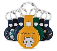 Tirita Personalised Case Keyring Holder Compatible with Apple AirTag 1 & 2 - Leather Case with Key Ring for Apple Air Tag [18- White Kitten Cat Name on Yellow]