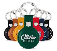 Tirita Personalised Case Keyring Holder Compatible with Apple AirTag 1 & 2 - Leather Case with Key Ring for Apple Air Tag [21- Name Bold on Green]