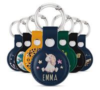 Tirita Personalised Case Keyring Holder Compatible with Apple AirTag 1 & 2 - Leather Case with Key Ring for Apple Air Tag [17- Unicorn Stars Name on Blue]