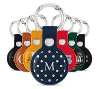 Tirita Personalised Case Keyring Holder Compatible with Apple AirTag - Leather Case with Key Ring for Apple Air Tag [26- Polka Dots Name on Blue]