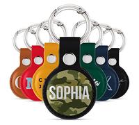 Tirita Personalised Case Keyring Holder Compatible with Apple AirTag - Leather Case with Key Ring for Apple Air Tag [29- Camo Green Name on Black]