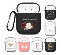 Tirita Personalised Custom Case Compatible with AirPods 1st and 2nd generation, Support Wireless Charging, Soft Shell with Carabiner [17- Red White Rose on Black]