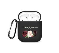 Tirita Personalised Custom Case Compatible with AirPods Pro 2nd generation, Support Wireless Charging, Soft Shell with Carabiner [17- Red White Rose on Black]