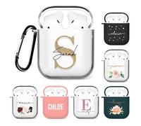 Tirita Personalised Custom Case Compatible with Apple AirPods 1st and 2nd generation, Support Wireless Charging, with Carabiner, Front LED Visible [06- Golden Monogram]