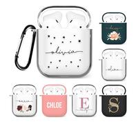 Tirita Personalised Custom Case Compatible with Apple AirPods 1st and 2nd generation, Support Wireless Charging, with Carabiner, Front LED Visible [12- Black Stars Name]