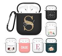 Tirita Personalised Custom Case Compatible with Apple AirPods 1st and 2nd generation, Support Wireless Charging, with Carabiner, Soft Shell [07- Golden Monogram on Black]