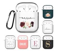 Tirita Personalised Custom Case Compatible with Apple AirPods 1st and 2nd generation, Support Wireless Charging, with Carabiner, Front LED Visible [16- Red White Rose]