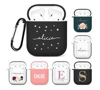 Tirita Personalised Custom Case Compatible with Apple AirPods 1st and 2nd generation, Support Wireless Charging, with Carabiner, Soft Shell [13- White Stars on Black]
