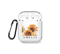 Tirita Personalised Custom Case Compatible with Apple AirPods 1st and 2nd generation, Support Wireless Charging, with Carabiner, Front LED Visible [09- Sunflowers]