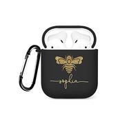Tirita Personalised Custom Case Compatible with Apple AirPods Pro 1st generation, Support Wireless Charging, with Carabiner, Soft Shell [15- Golden Bee on Black]