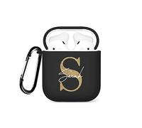 Tirita Personalised Custom Case Compatible with Apple AirPods Pro 2nd generation, Support Wireless Charging, with Carabiner, Soft Shell [07- Golden Monogram on Black]